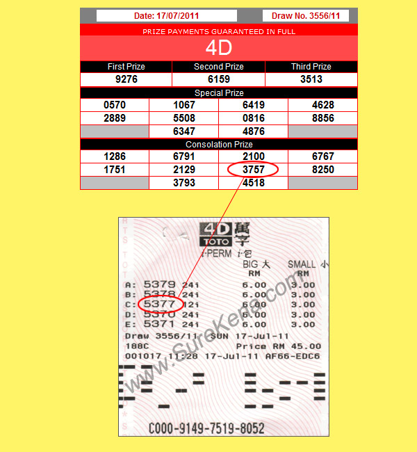 Winning Ticket Sport Toto  Consolation Prize 17 July 2011 