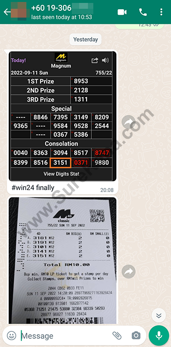 whatsapp lottery 4d win ticket