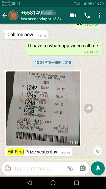 whatsapp singapore win Lottery 4d Prize