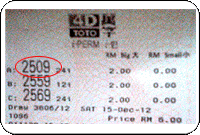 Winning Ticket Toto 4D First Prize - 15 December2012